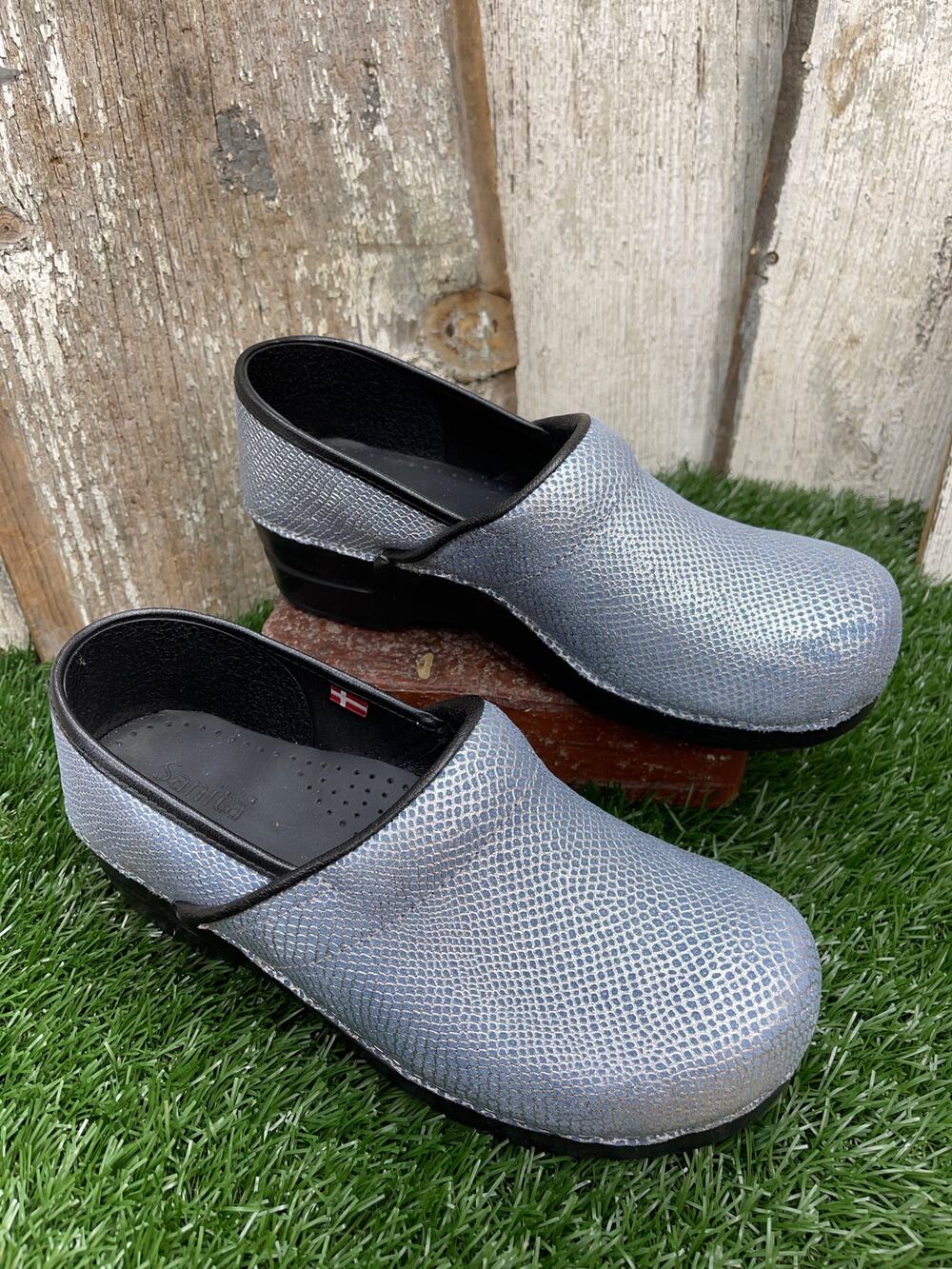 SANITA Light Blue Textured Metallic Clogs Women's EU40